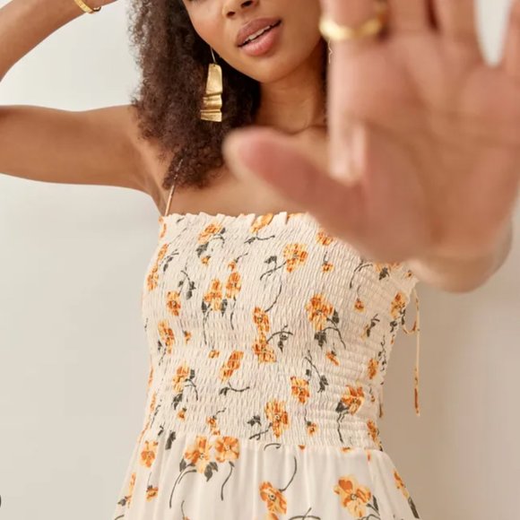 Reformation Sable Midi Dress Small Limo Orange Cream Floral Smoking Stretch - Picture 4 of 8